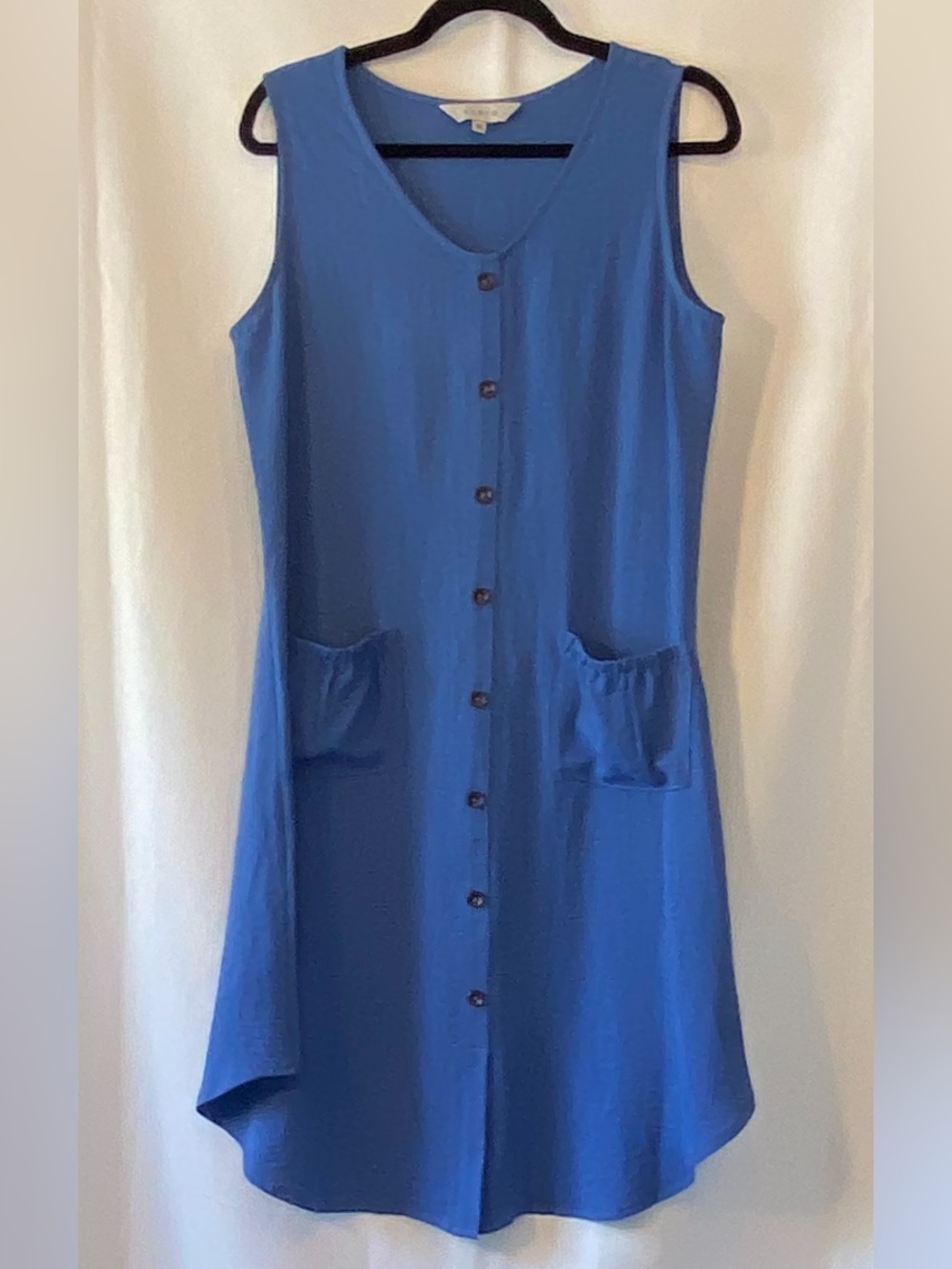 Women's Coastal Lagenlook Blue Sleeveless Faux Button Front House Dress MD